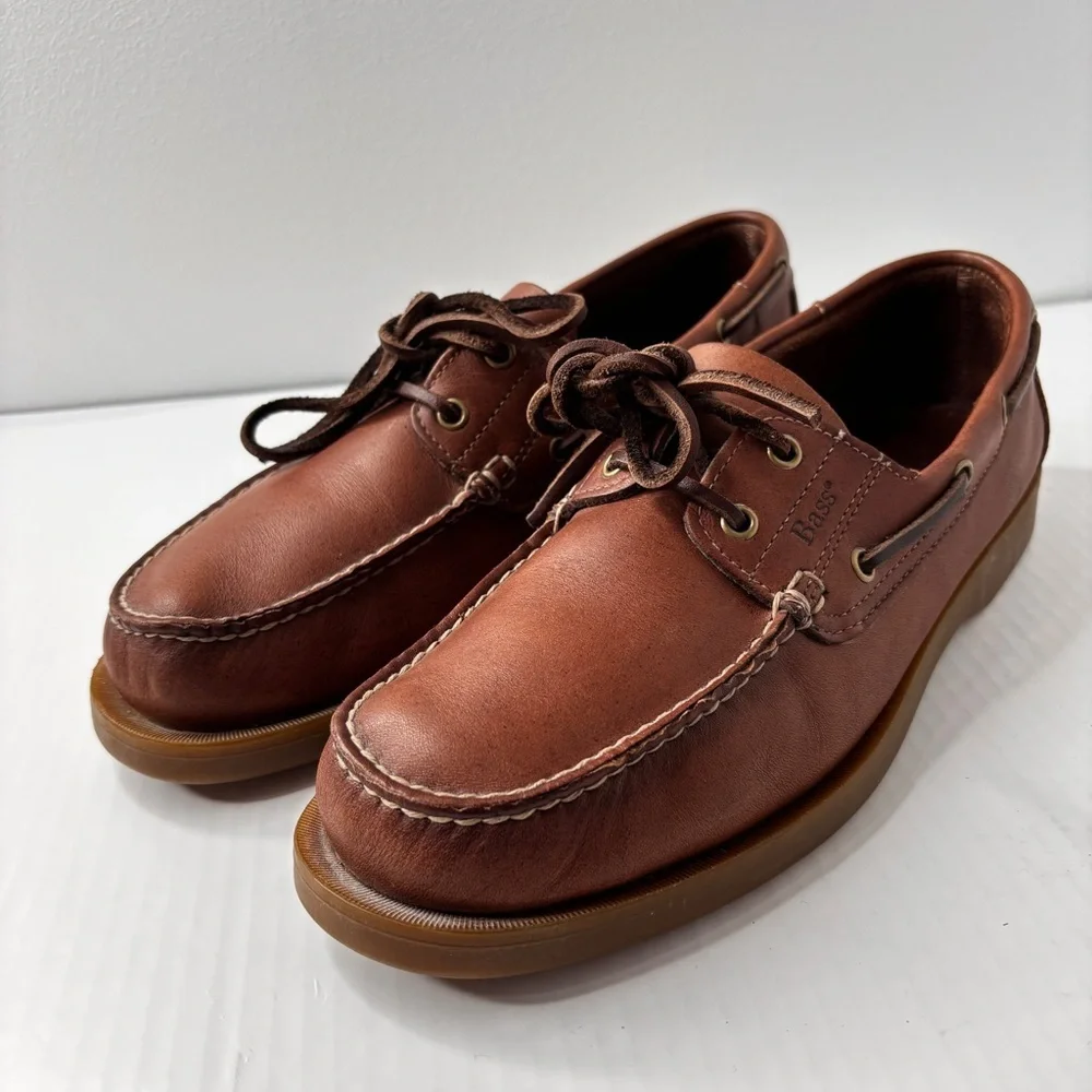 Bass Mens Seafarer Boat Shoe Size 9.5 Moc-Toe Brown Leather Rawhide Lace Preppy
